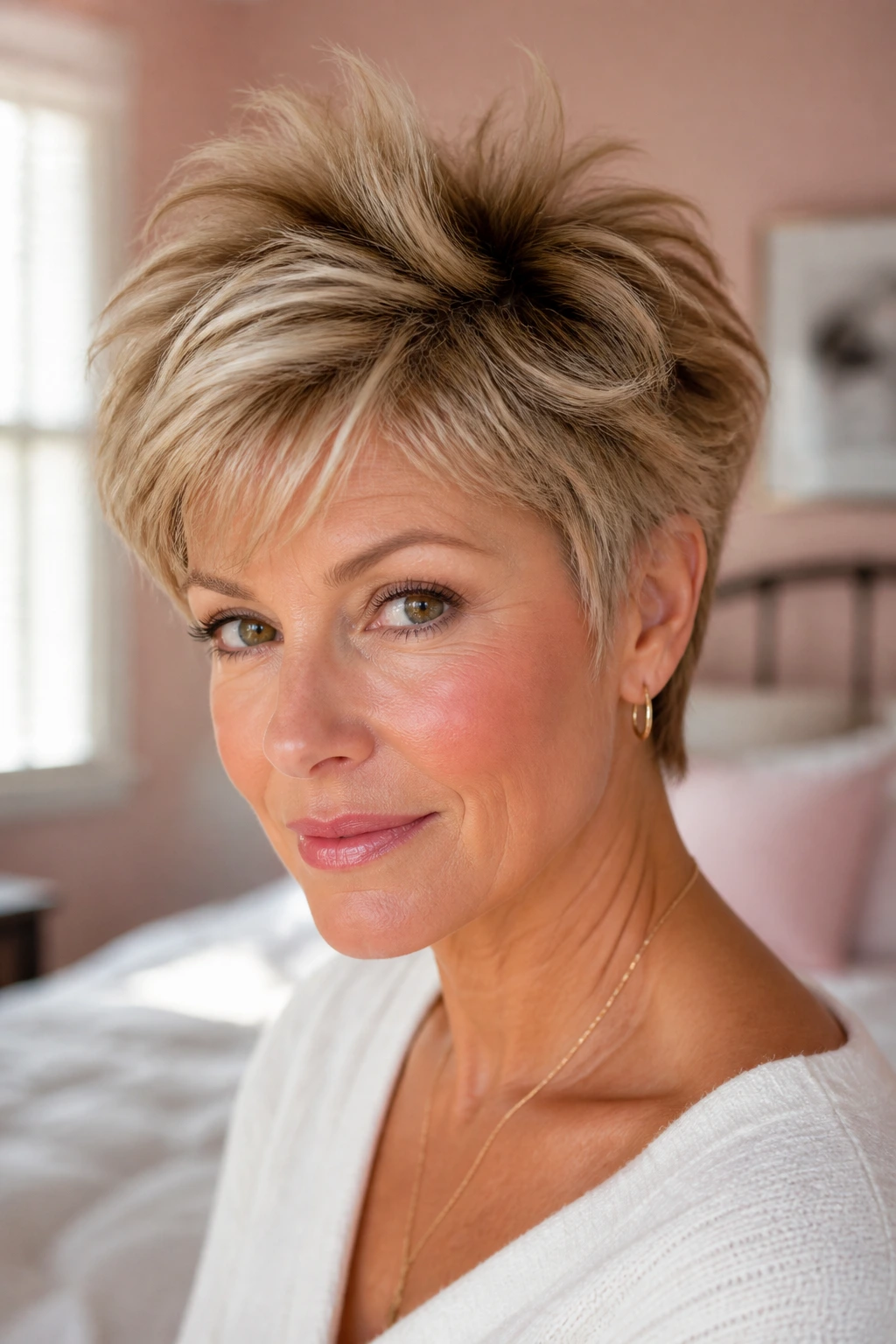 Close-up portrait of a real woman with a feathered pixie lift