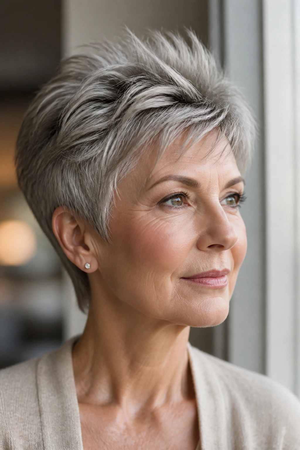 Real woman with feathered pixie and lifted crown hairstyle