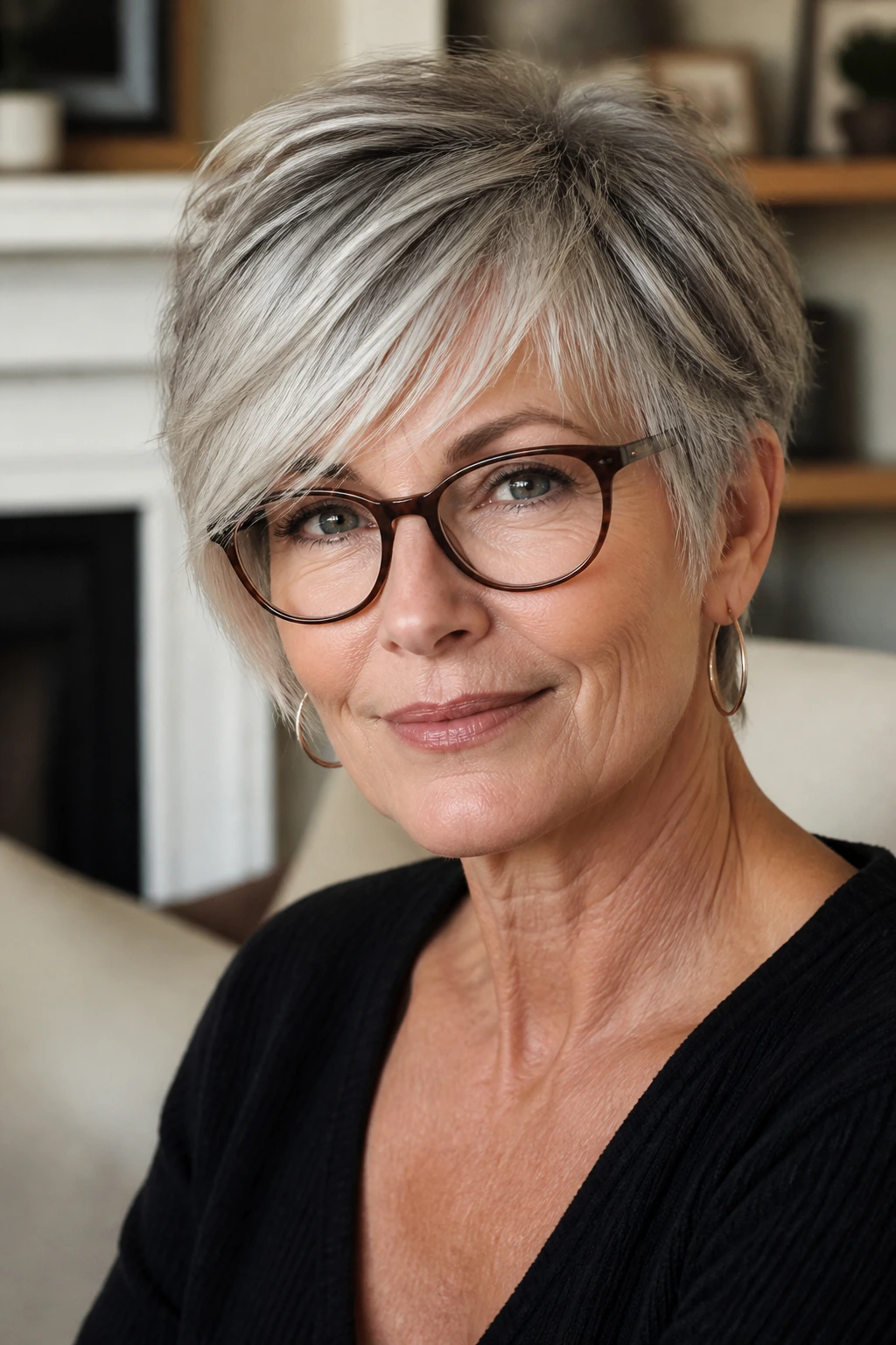 Older woman with feathered pixie and long fringe