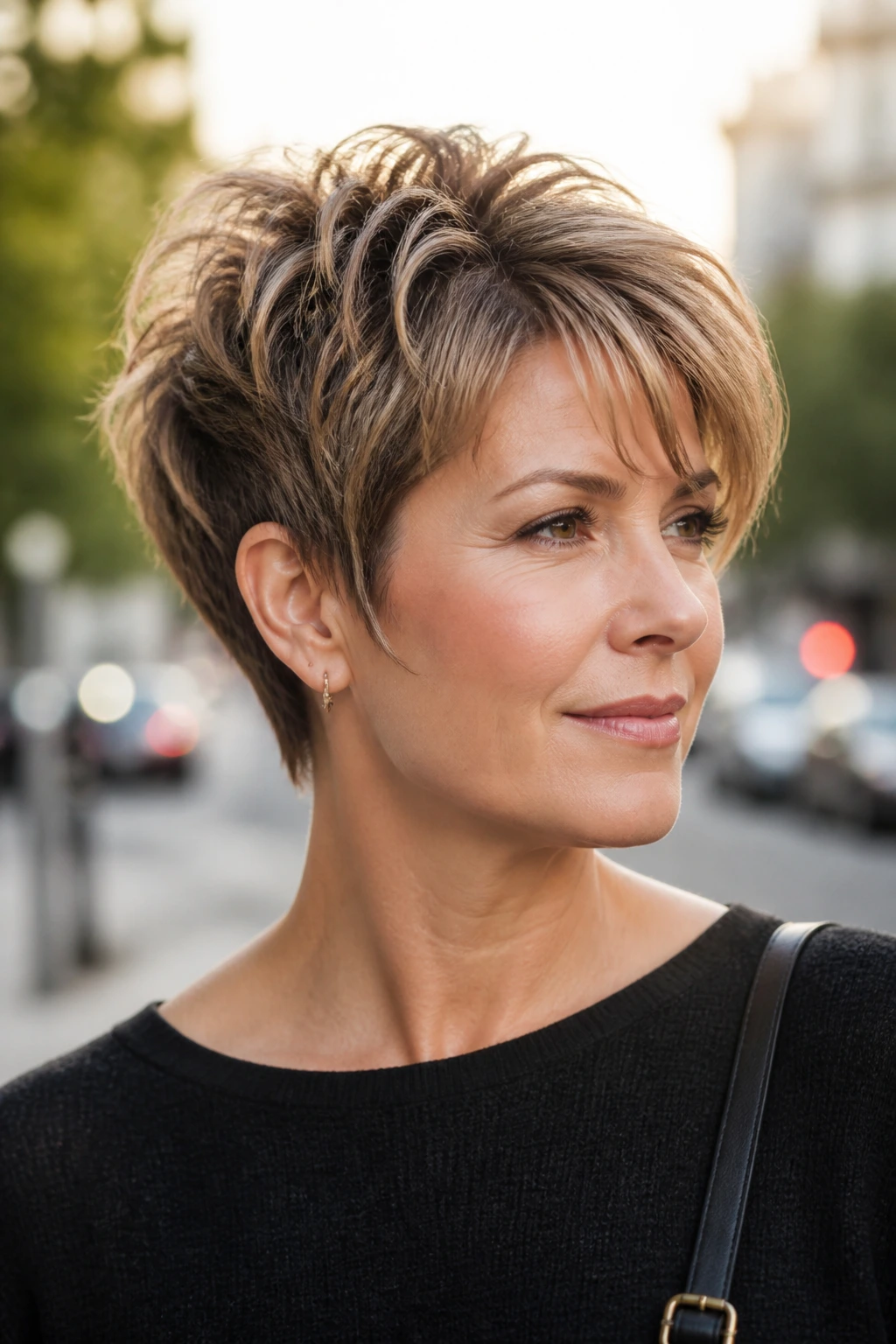 Portrait of a real woman with a feathered pixie featuring long top layers and crown lift outdoors