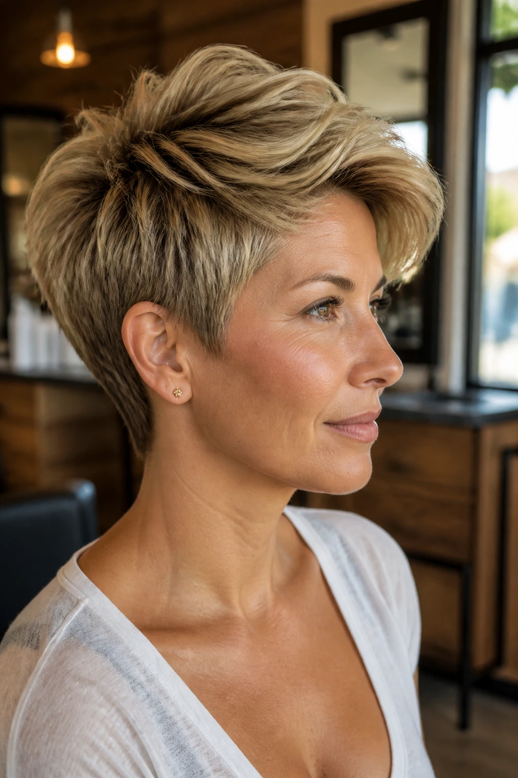Close-up portrait of a real woman with a long-top feathered pixie and short nape under natural salon lighting