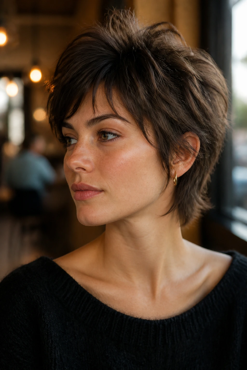 Close-up of real woman with feathered pixie-mullet in warm cafe light