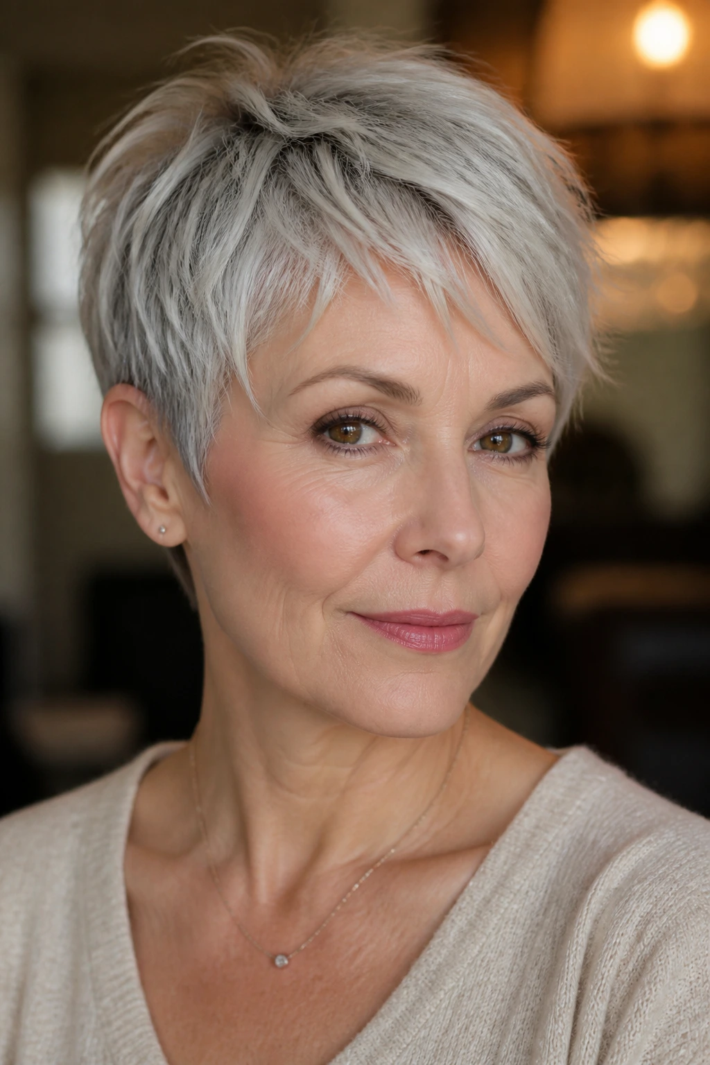 Portrait of woman with pixie cut featuring soft feathering