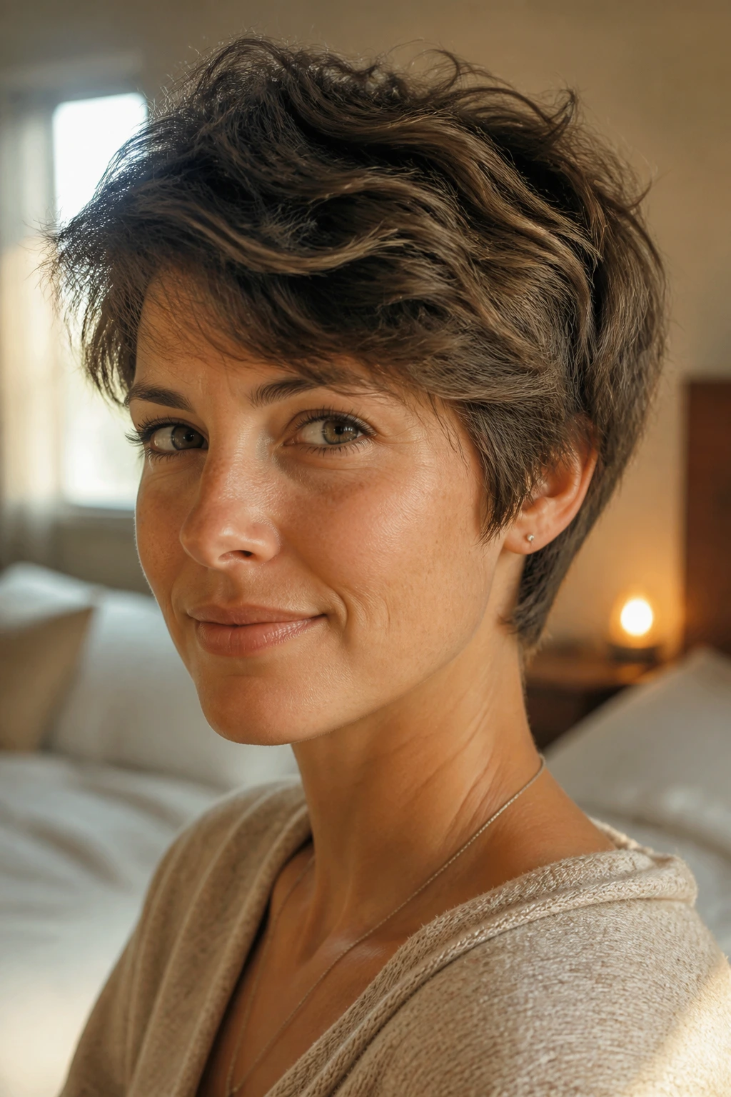 Close-up portrait of a real woman with feathered pixie hairstyle in warm light.