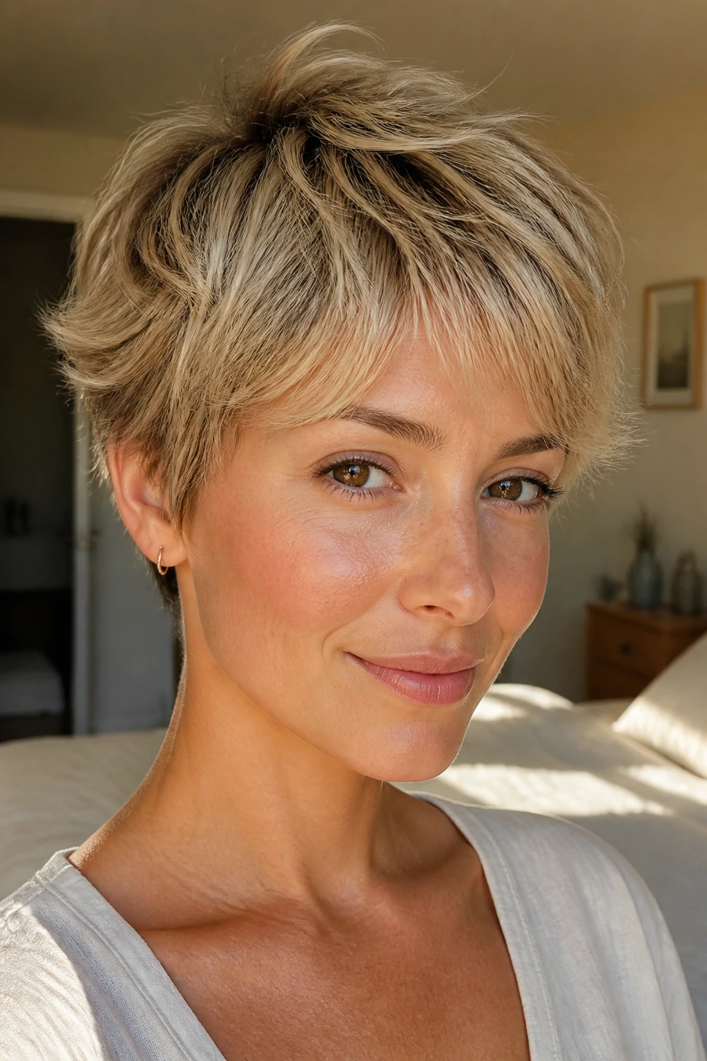 Real woman with feathered pixie hairstyle, soft lift and flicked ends.
