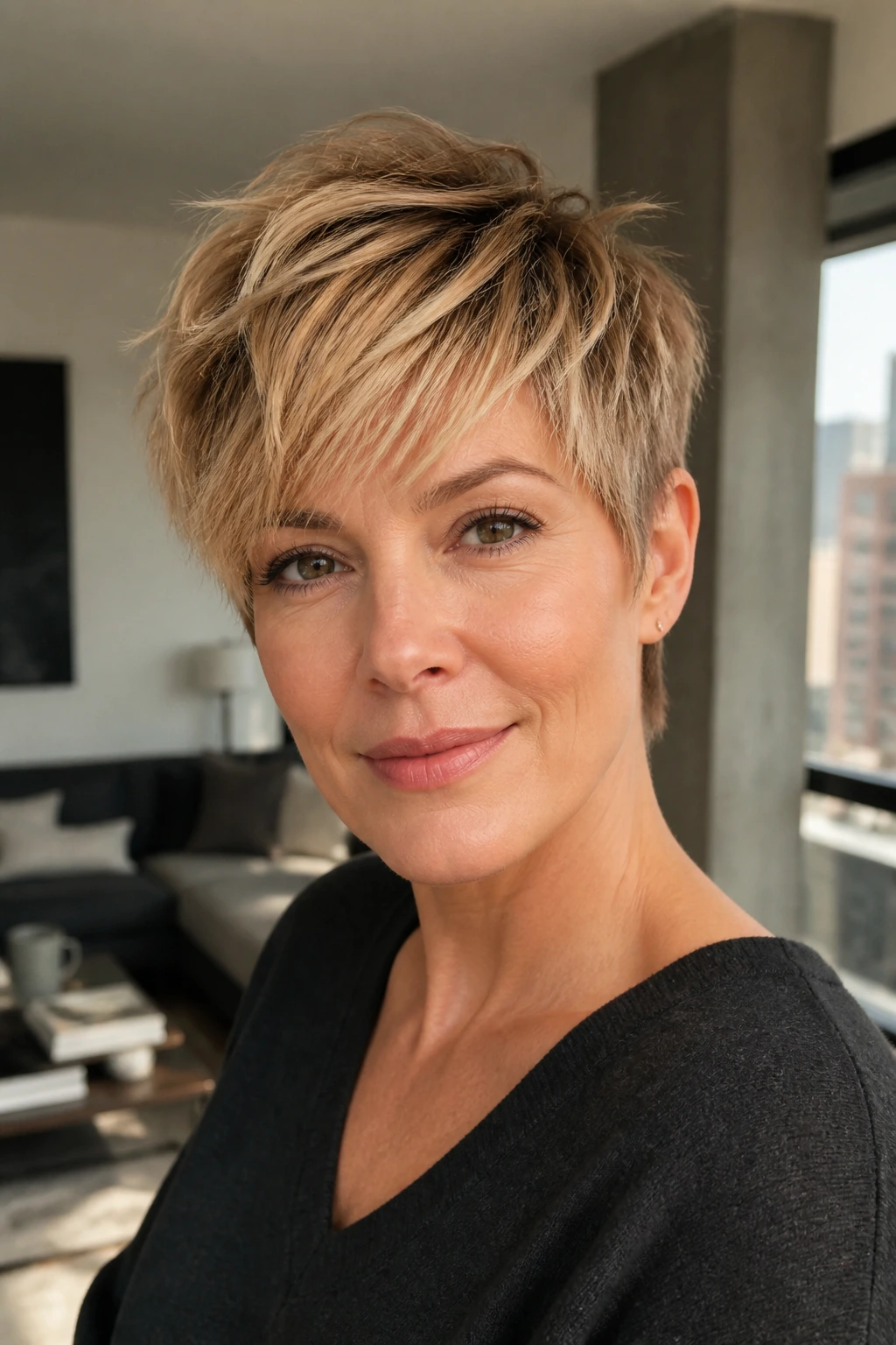 Feathered pixie with long razor-cut top on a real person