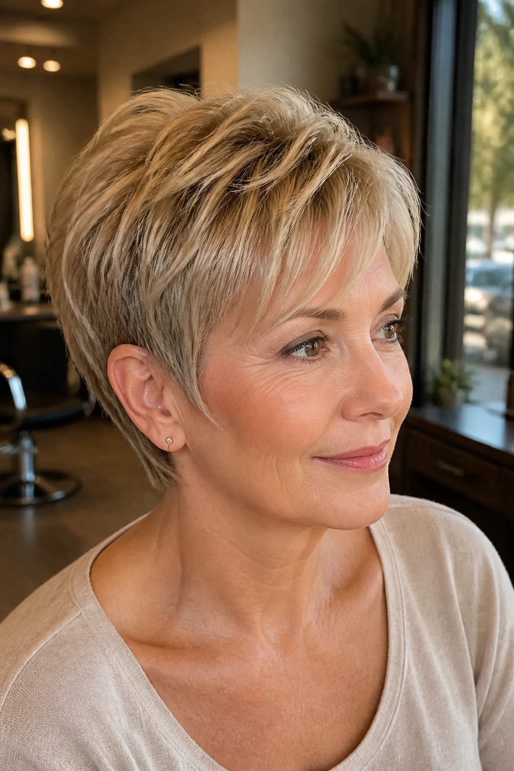 Close-up of a real woman with a feathered pixie cut in sandy blonde