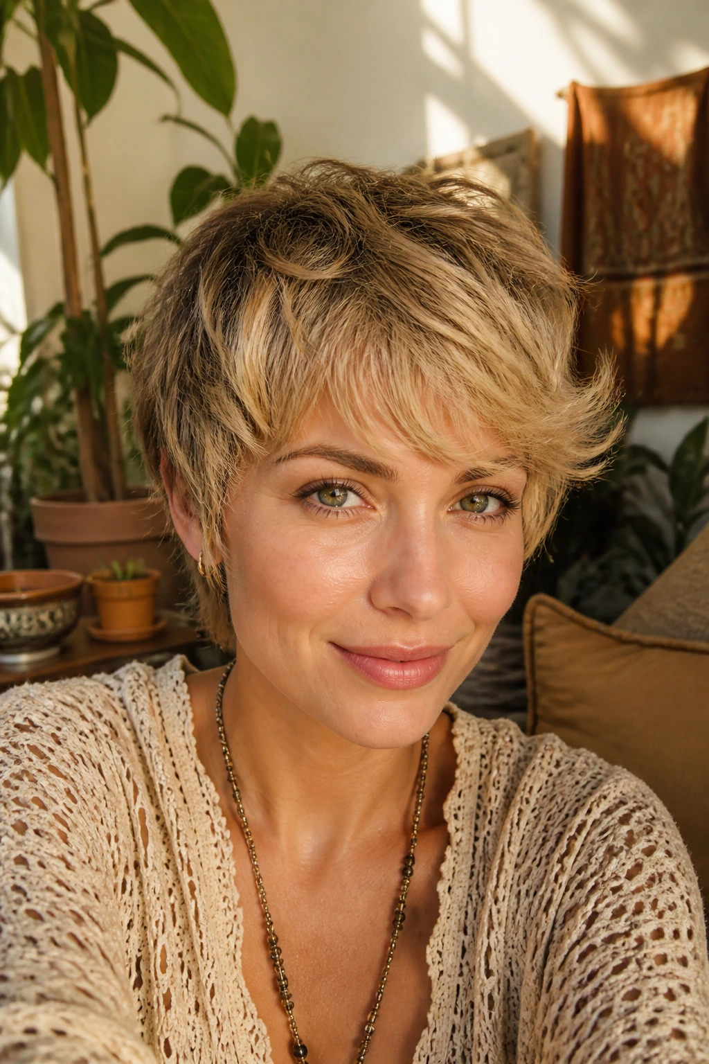 Portrait of a woman with feathered seventies pixie in sunlit room