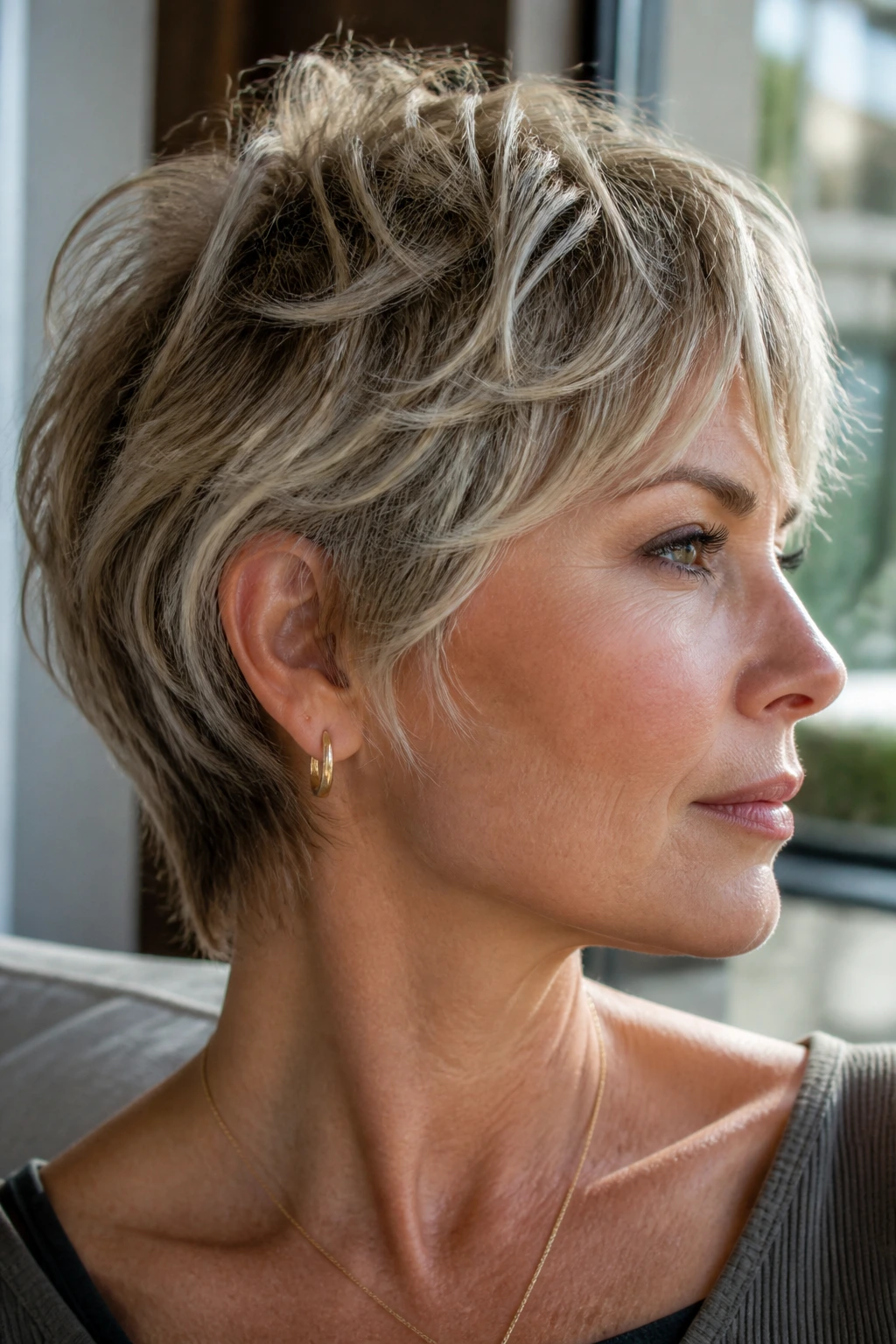 Close-up of real person with feathered pixie shag in bright daylight