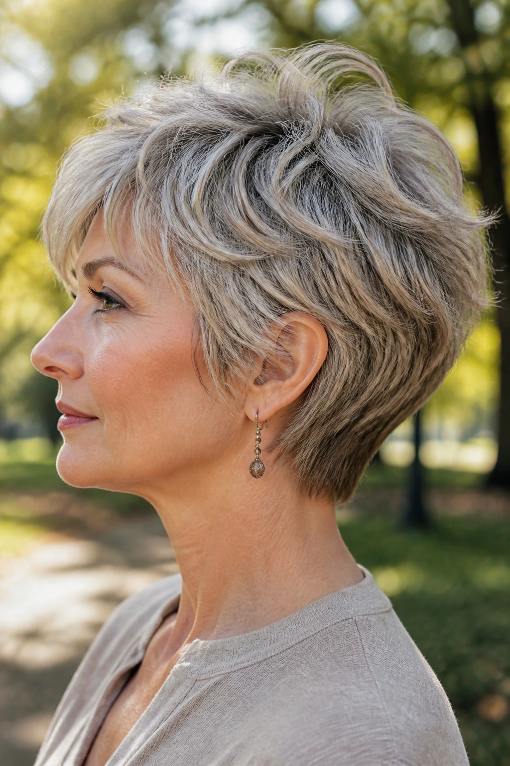 Close-up portrait of a real person with feathered pixie shag in sunlit outdoor setting