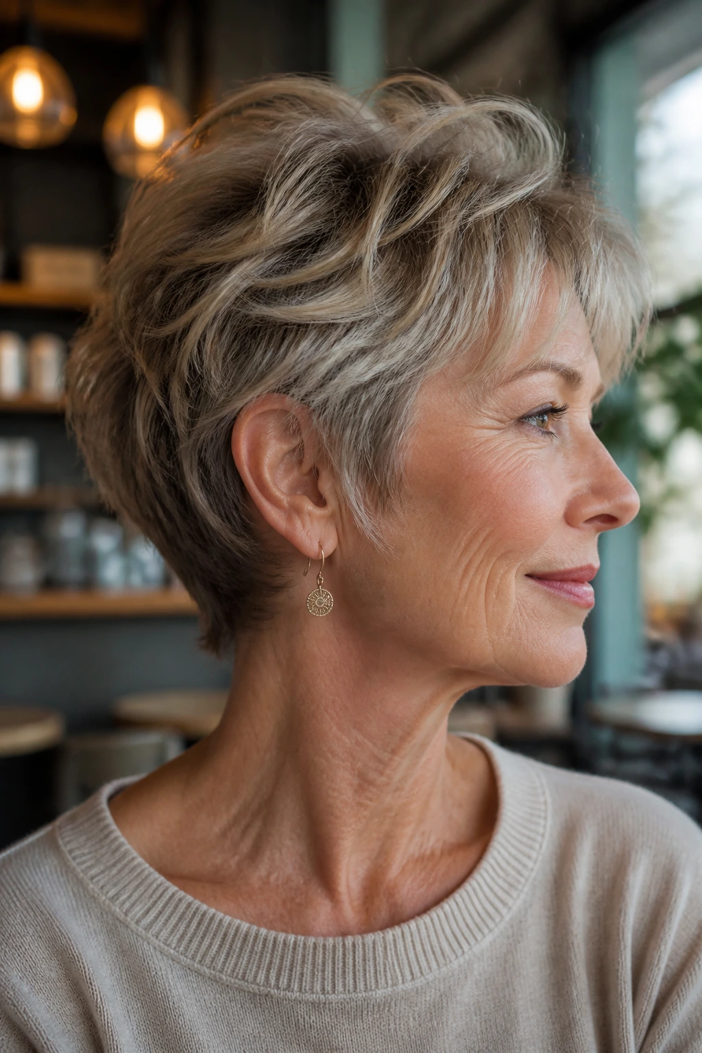Real woman with feathered pixie shag in a softly lit cafe