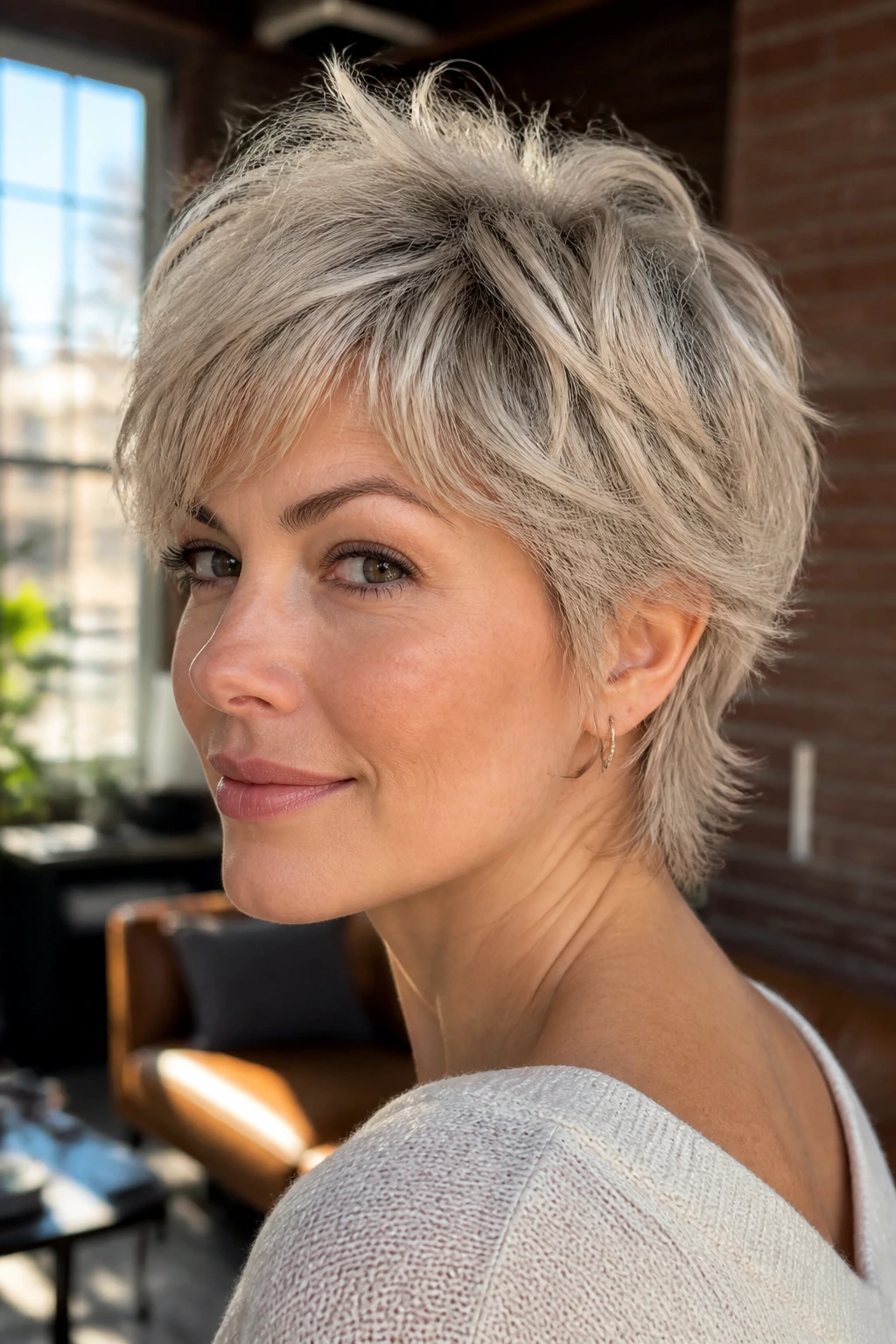 Close-up portrait of real person with feathered pixie shag.