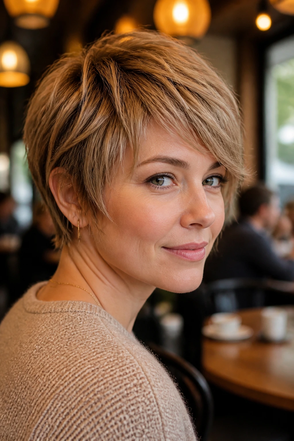 Real woman with a feathered pixie shag in a cozy cafe setting