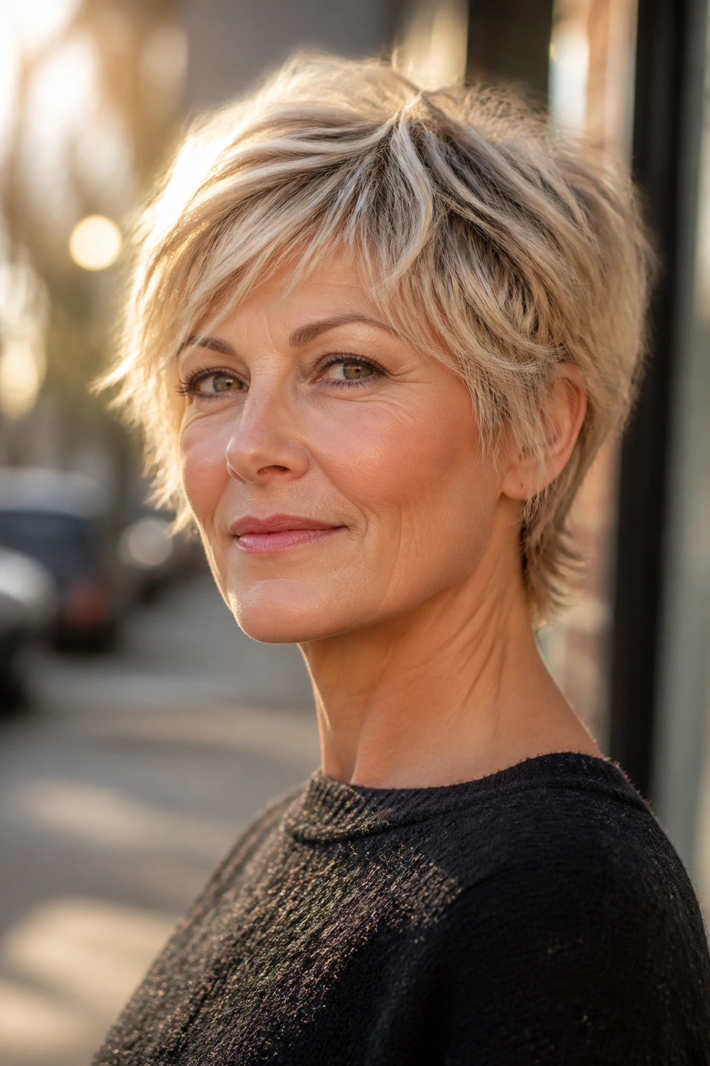 Real woman with feathered pixie shag and neck space in golden hour street scene