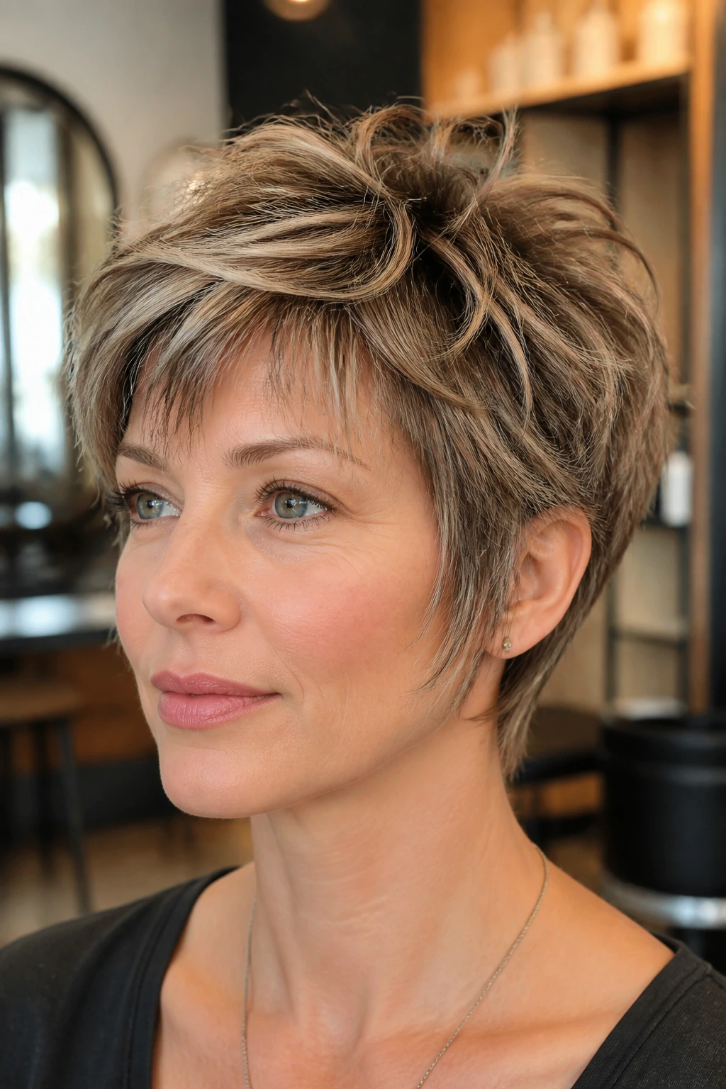 Close-up portrait of a woman with feathered pixie shag hairstyle under warm salon lighting
