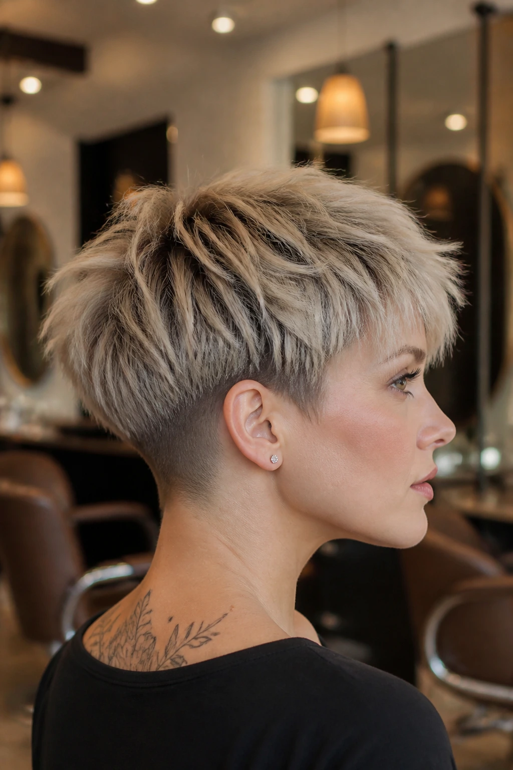 Portrait of a person with feathered pixie shag and clean nape undercut