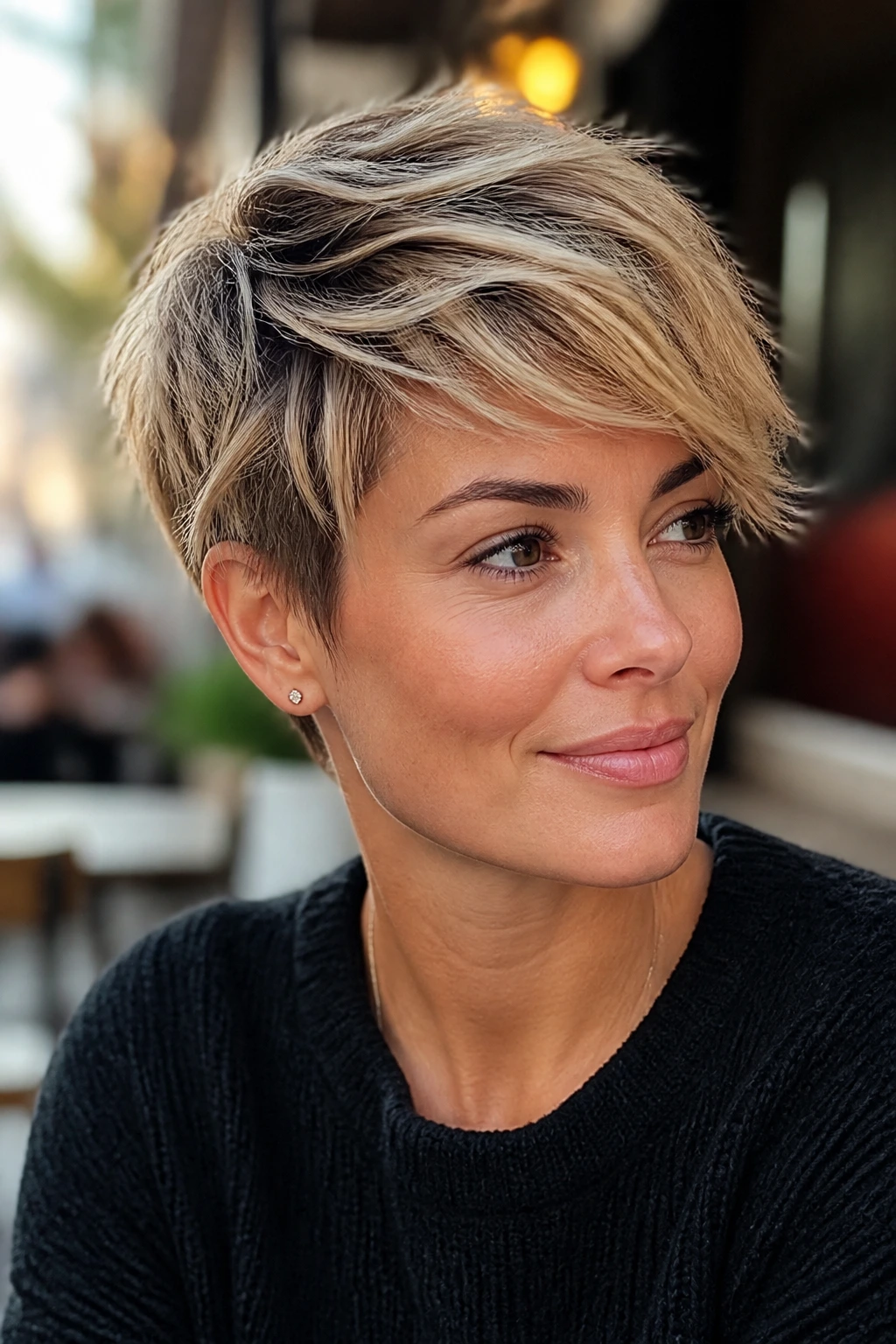 Real woman with feathered pixie and side-sweep fringe in daylight