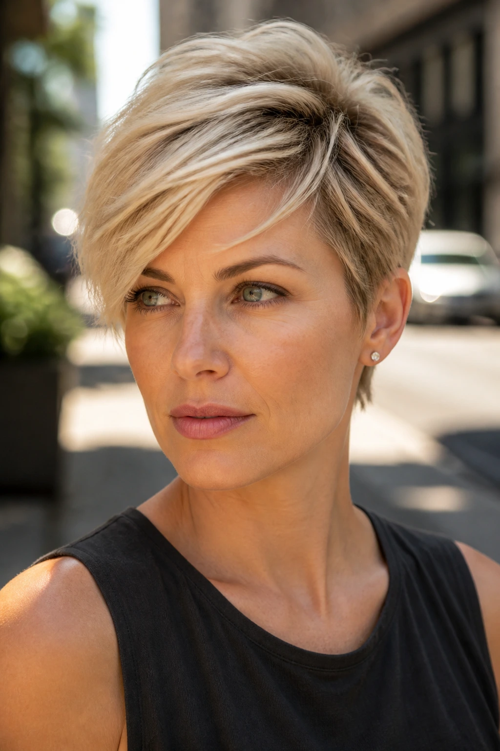 Real woman with a feathered pixie and side sweep showing soft front fringe