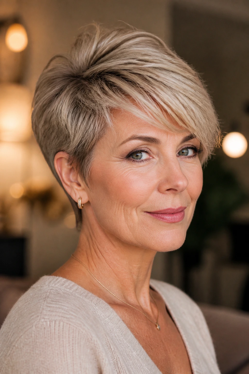 Close-up of real person with feathered pixie and side sweep in warm interior light