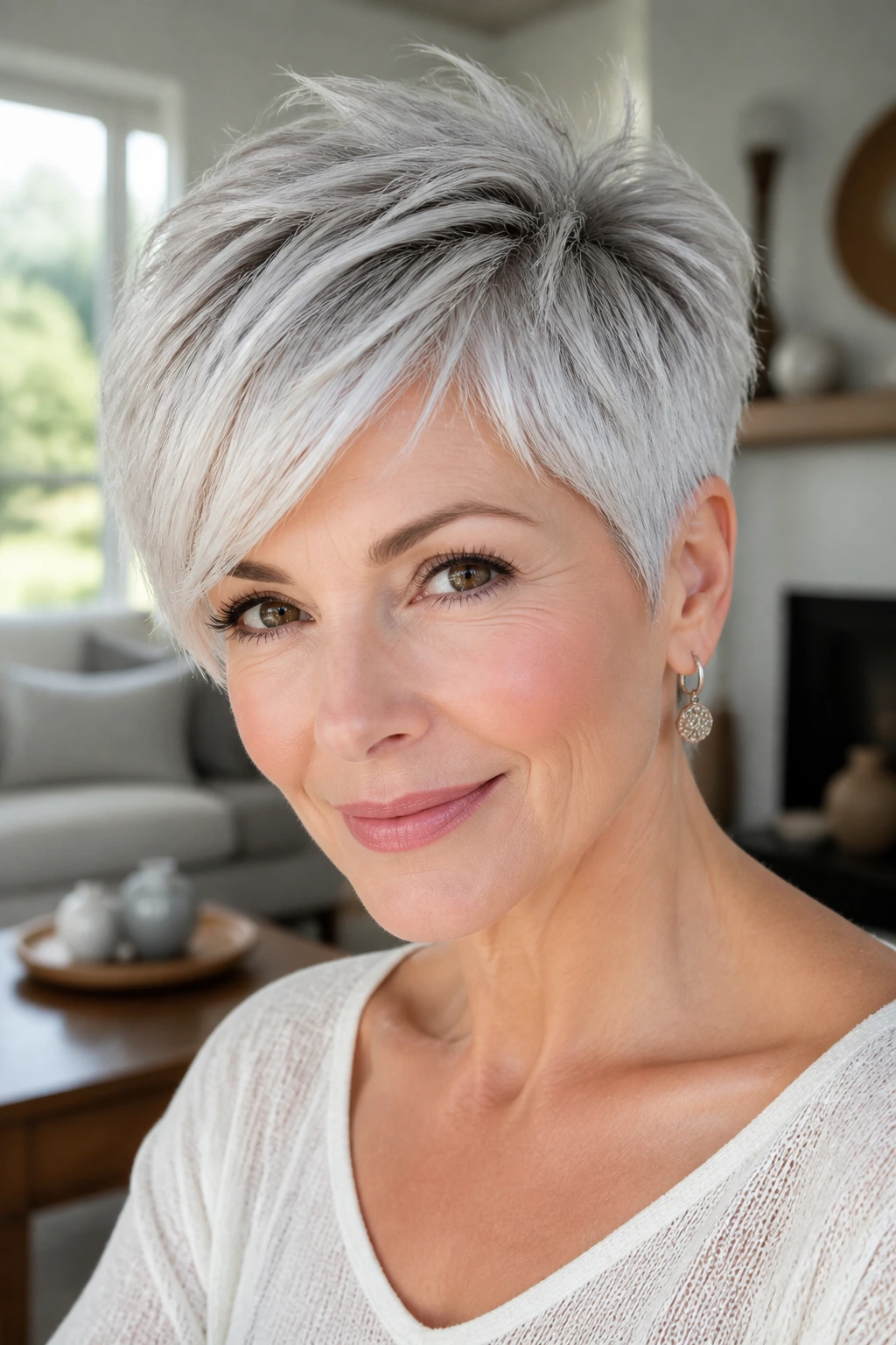 Close-up of an older woman with a feathered pixie and a long side sweep in soft light