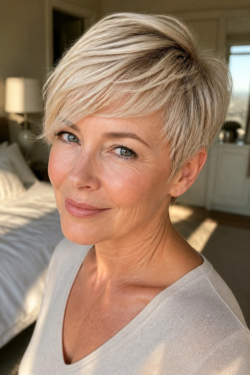 Real woman with soft feathered pixie and diagonal bangs in sunlit room.