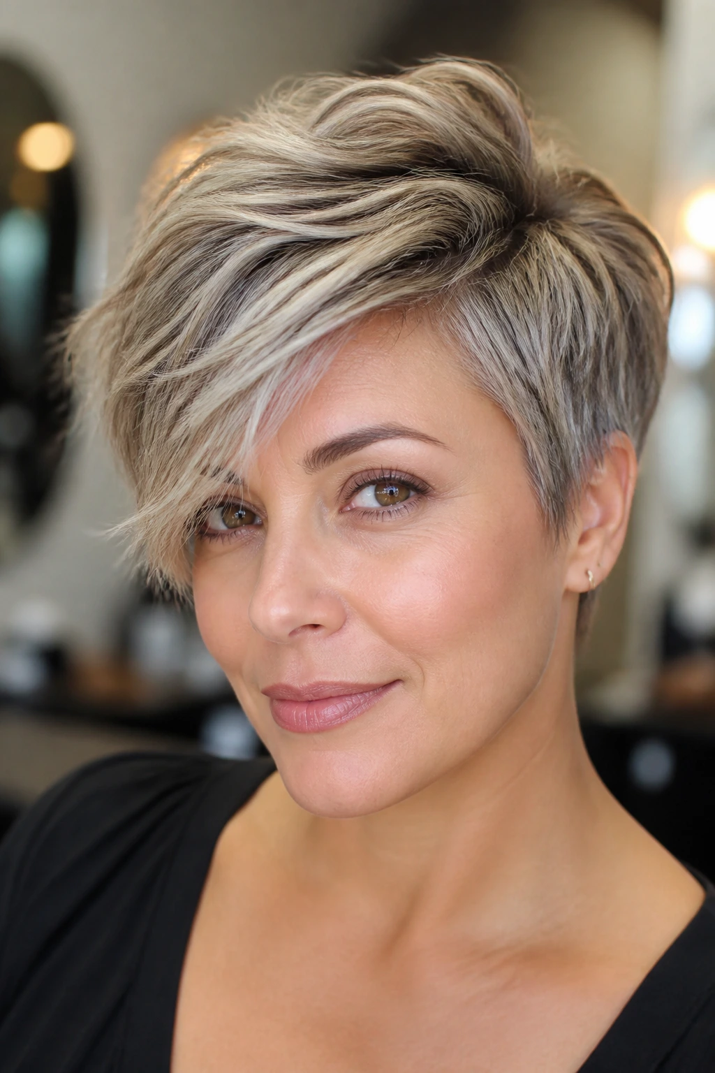 Portrait of a real woman with a feathered pixie and side-swept crown in soft salon light.