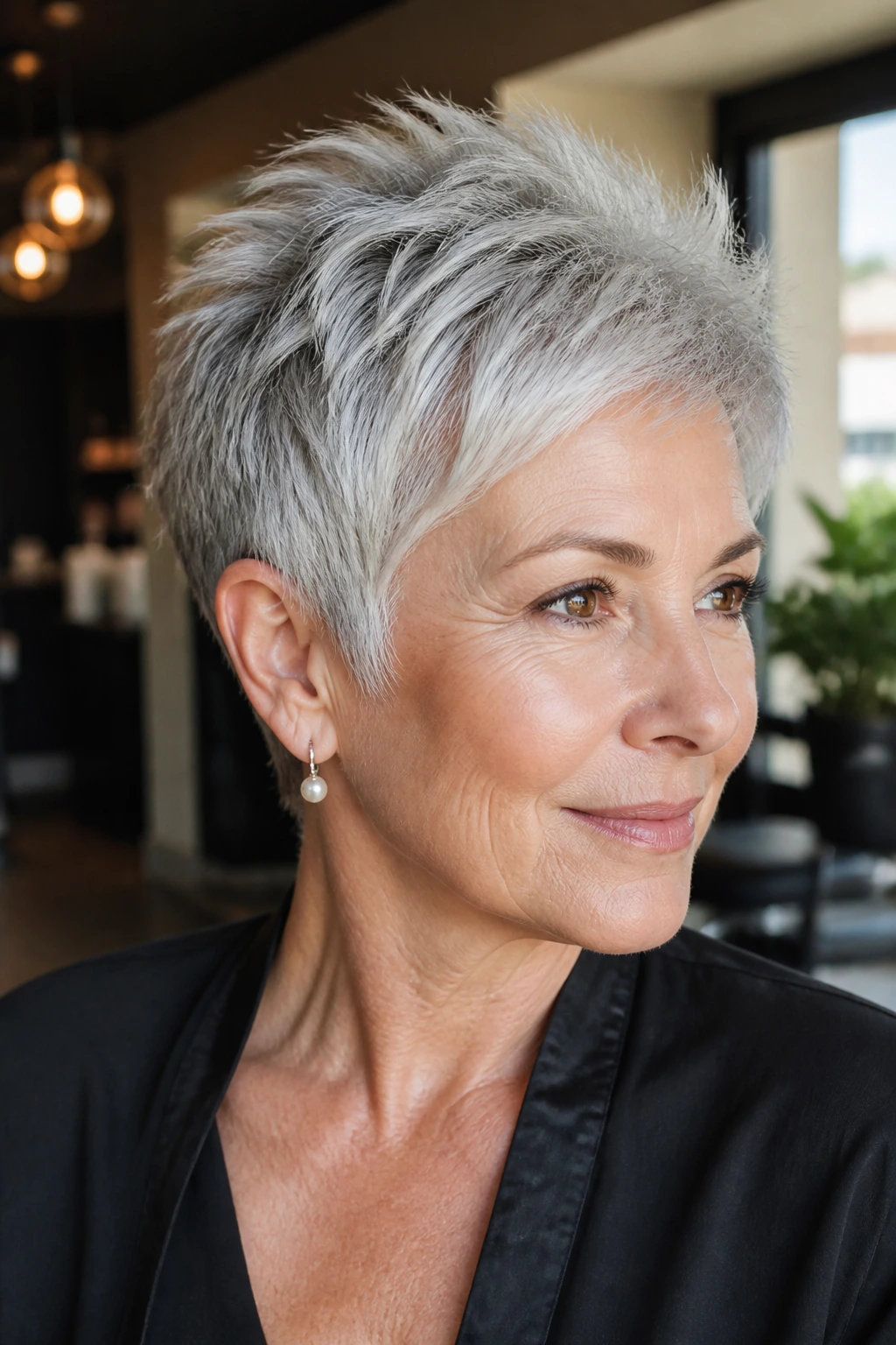 Real woman wearing a feathered silver pixie with light-catching texture.