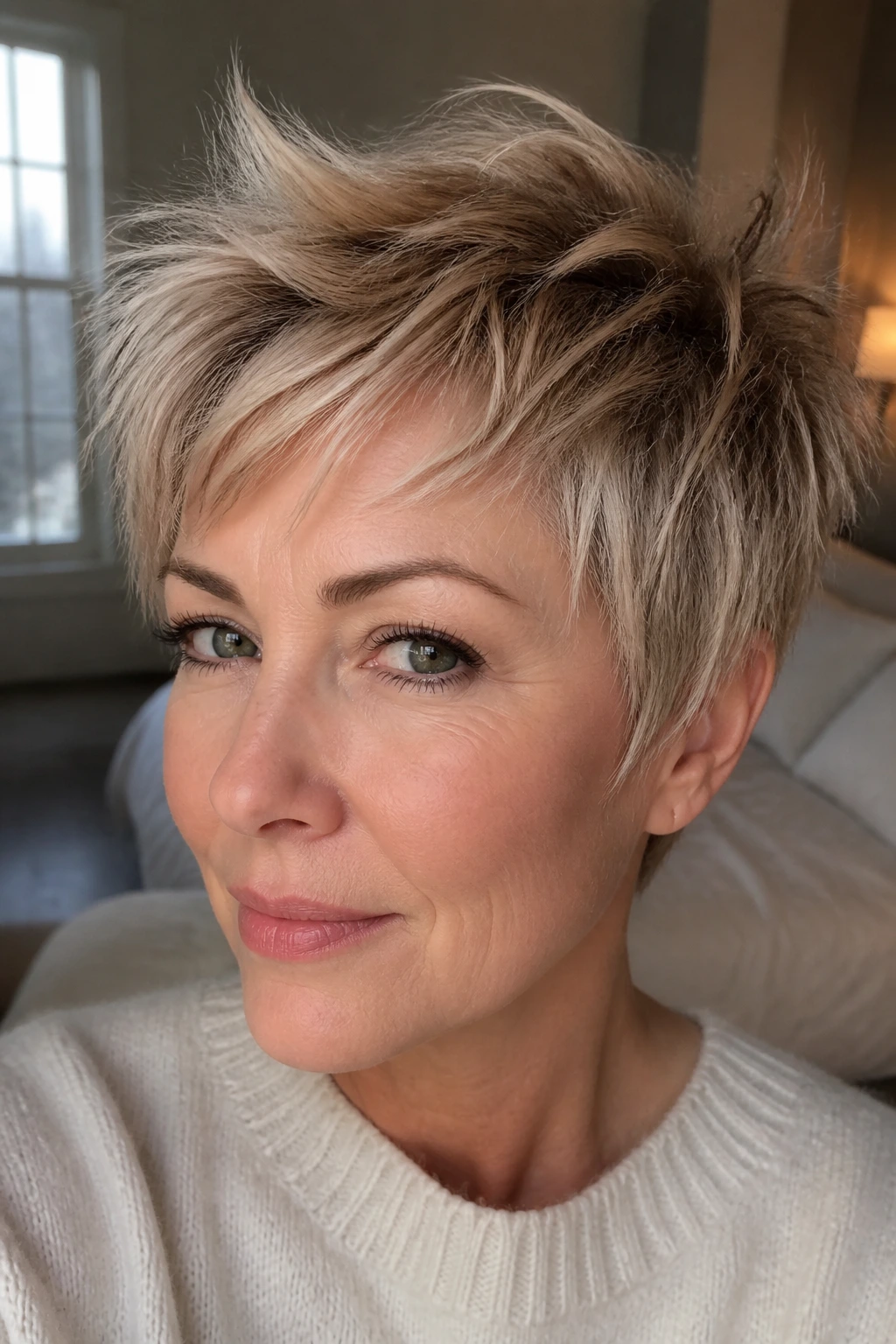 Close-up of a real woman with feathered soft-edge pixie in warm bedroom light