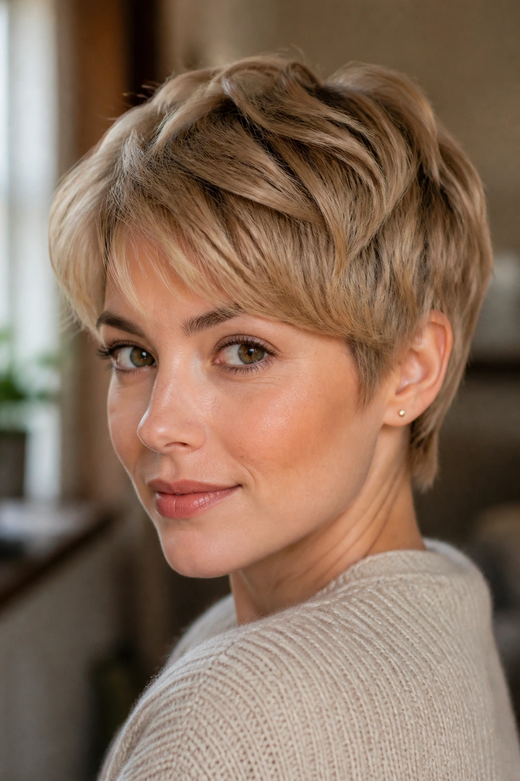 Close-up of a real person with a feathered pixie hairstyle and soft ends