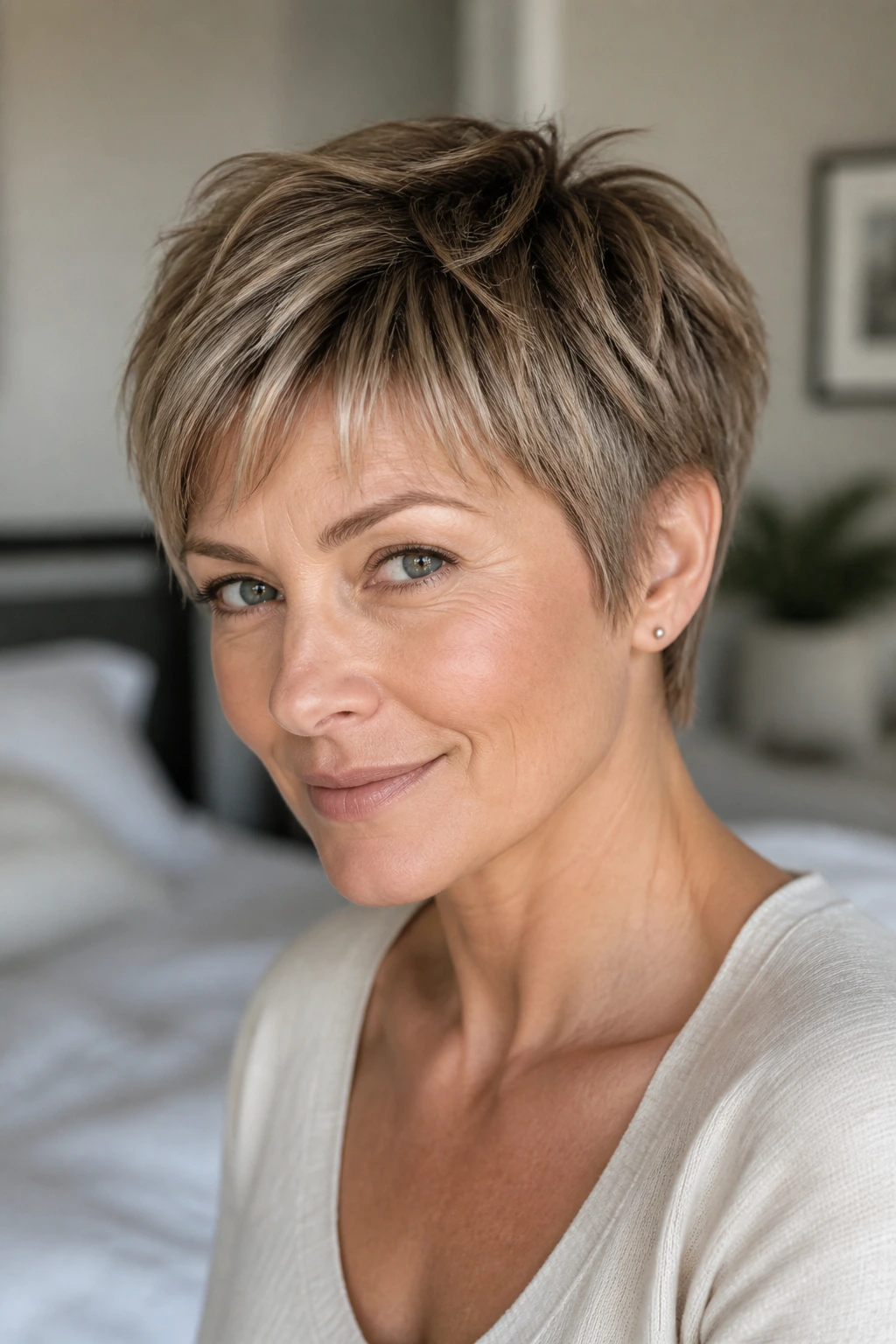 Close-up of a real woman with feathered pixie ends around temples and crown