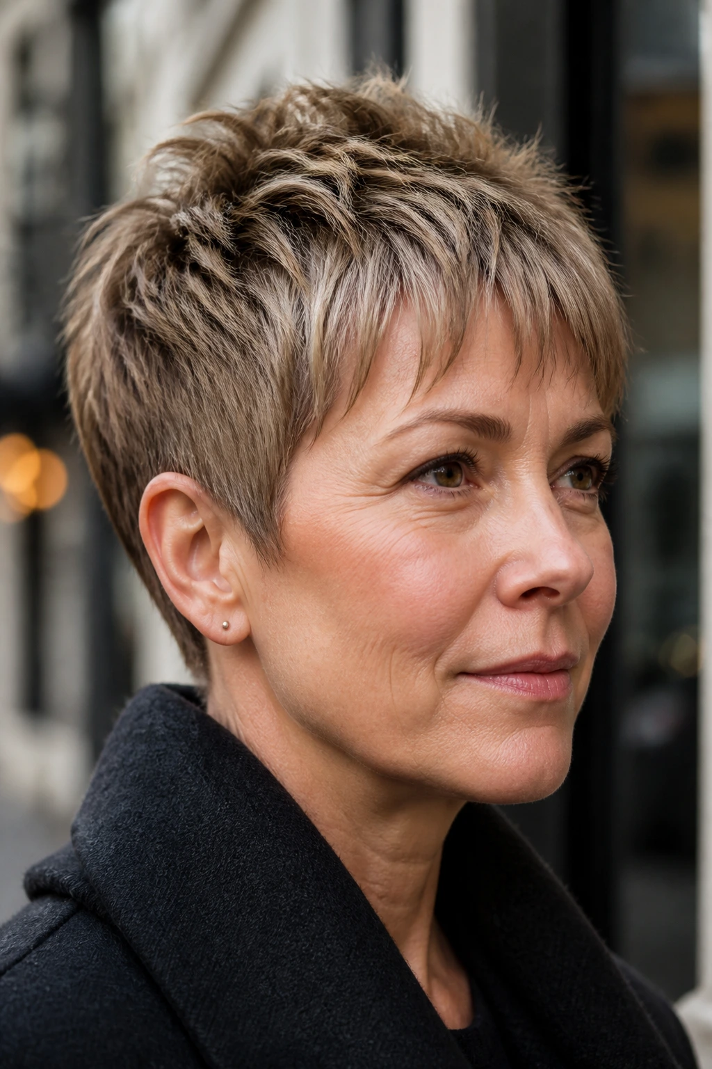 Real person with feathered pixie and tapered fringe in outdoor morning light