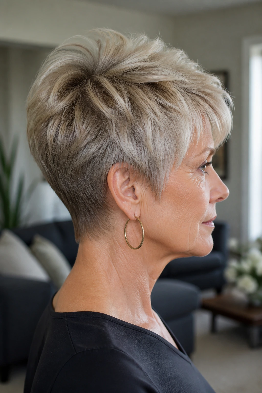 Close-up portrait of a real person with a feathered pixie and tapered nape