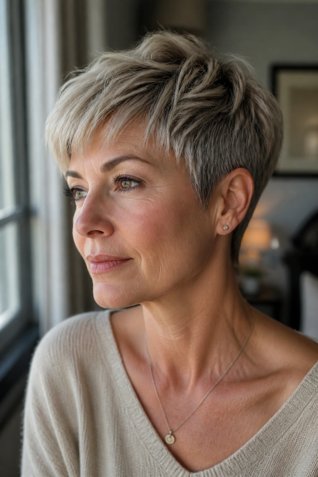 Portrait of a real woman with a soft feathered pixie and tapered sides