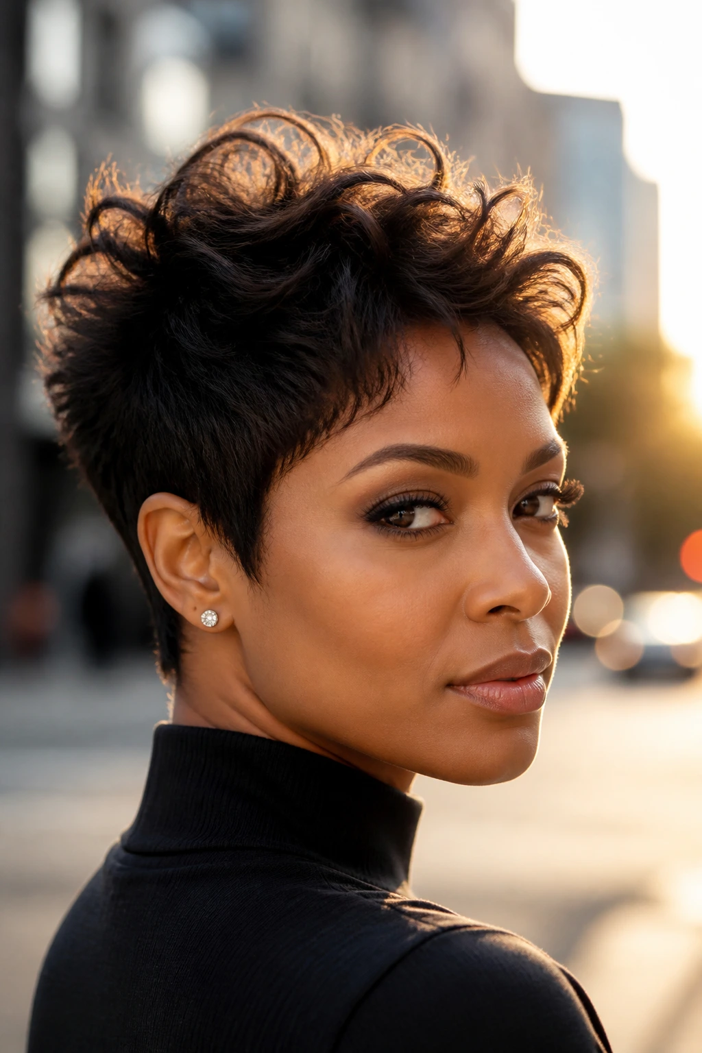 Portrait of a woman with feathered pixie and tousled crown.