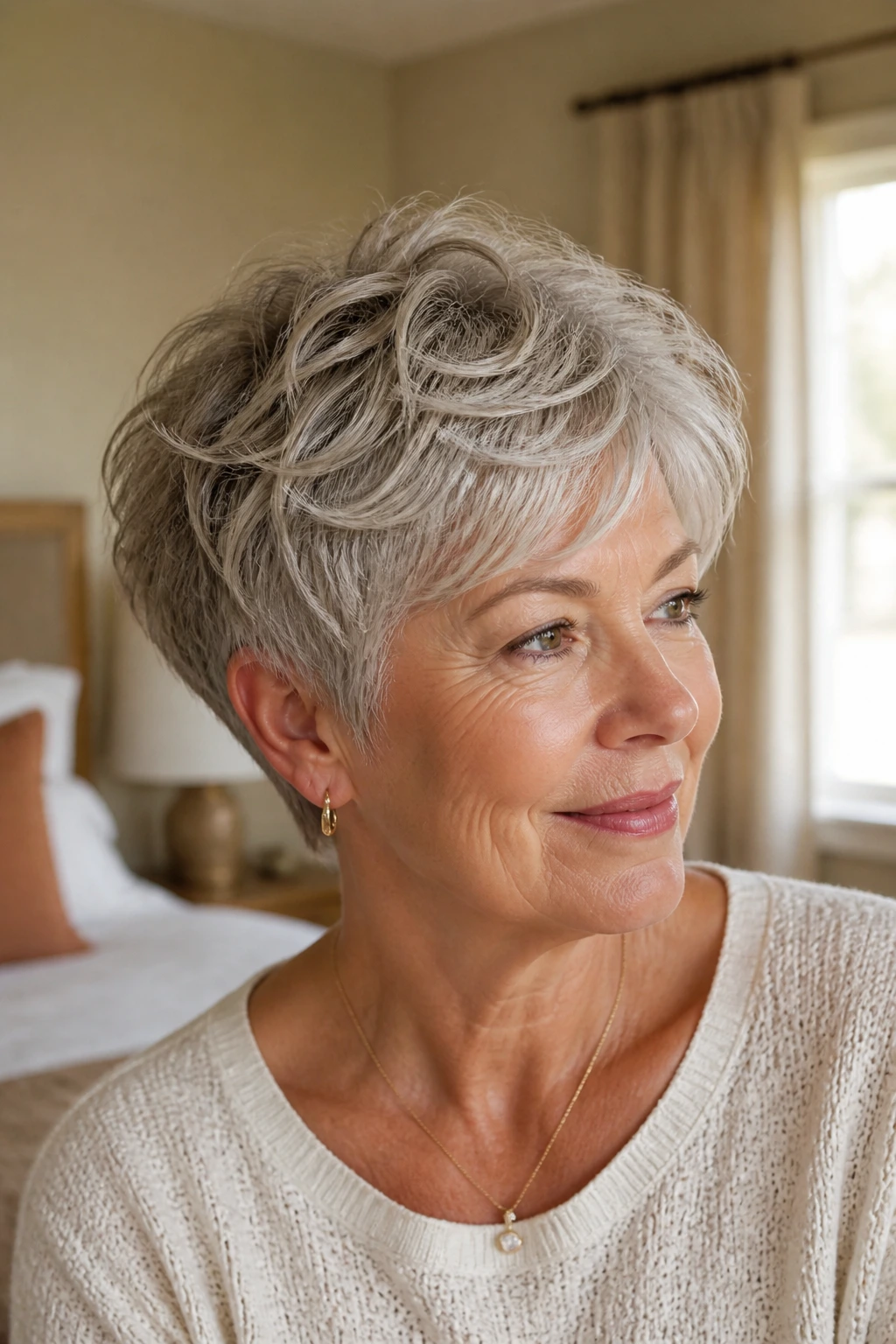 Close-up portrait of a real woman with a feathered pixie and wavy crown in a sunlit bedroom