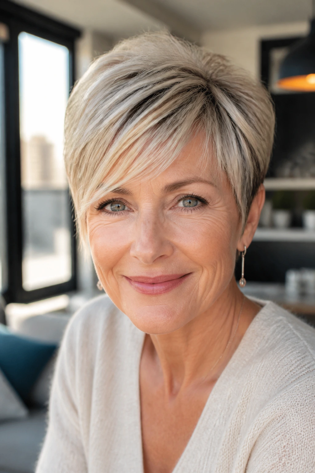 Real person with a feathered pixie and side-swept wispy bangs