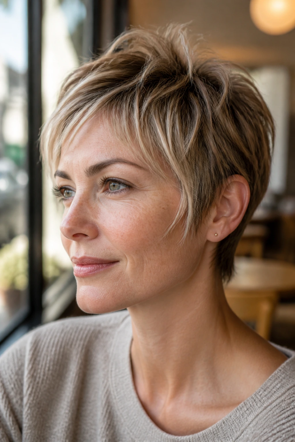Portrait of a real woman with feathered pixie and wispy ends at temples in cafe light
