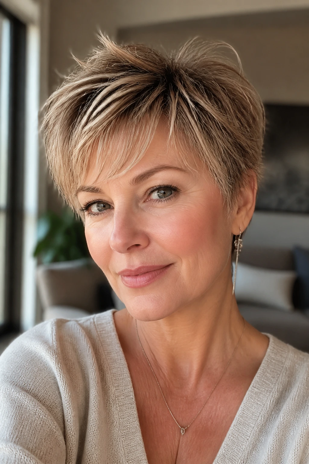 Close-up portrait of a real woman with a feathered pixie and wispy fringe in soft window light