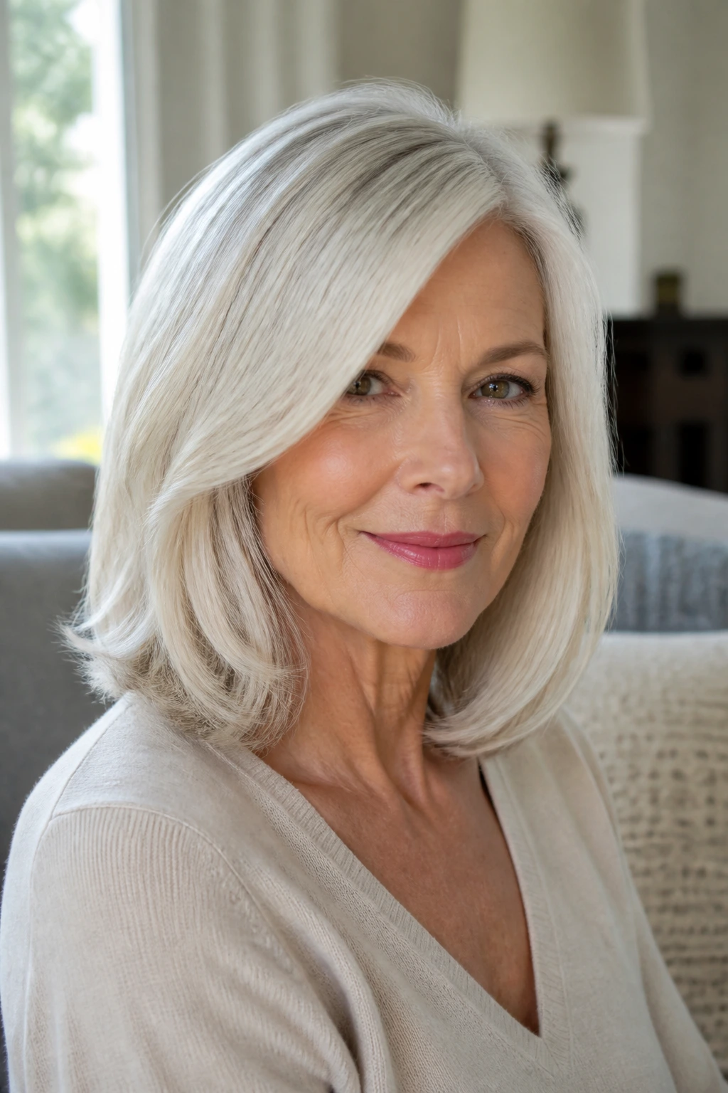 Close-up of an older woman with a soft feathered platinum lob