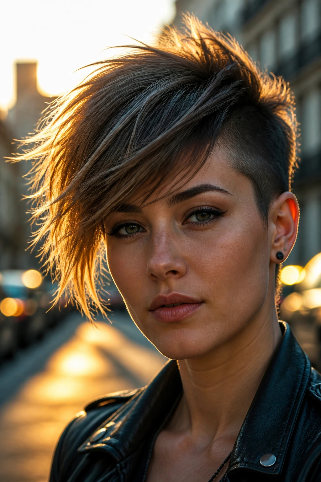 Real person with feathered swoop fringe on a sunlit city street