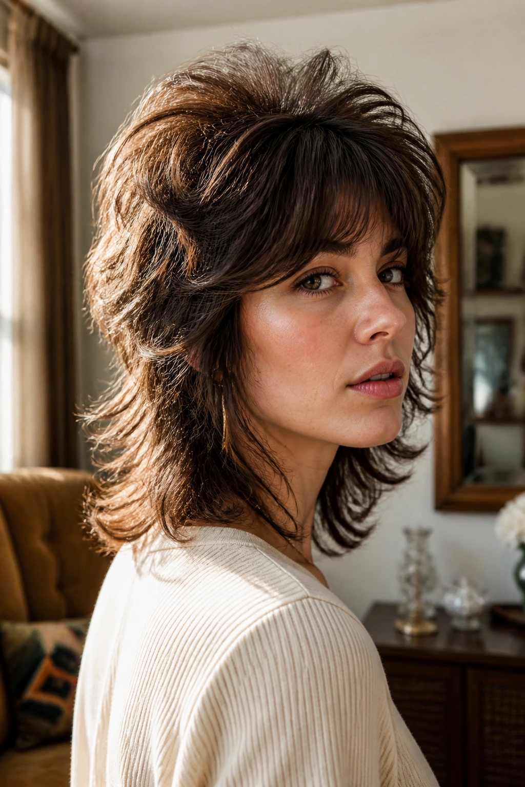 Portrait of a person with feathered retro shag and big crown volume