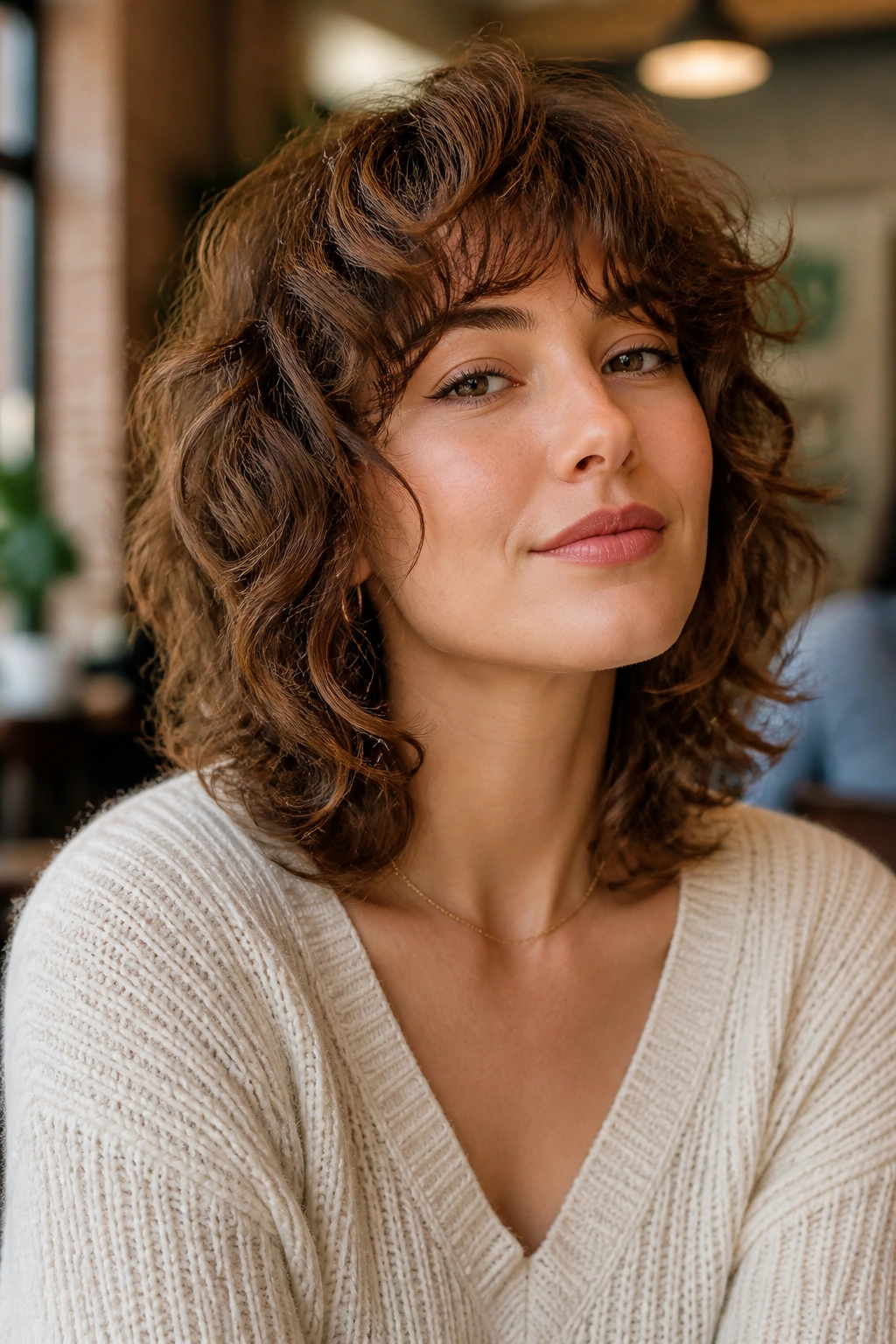 Portrait of a real woman with feathered retro shag, soft rounded curls and feathered front