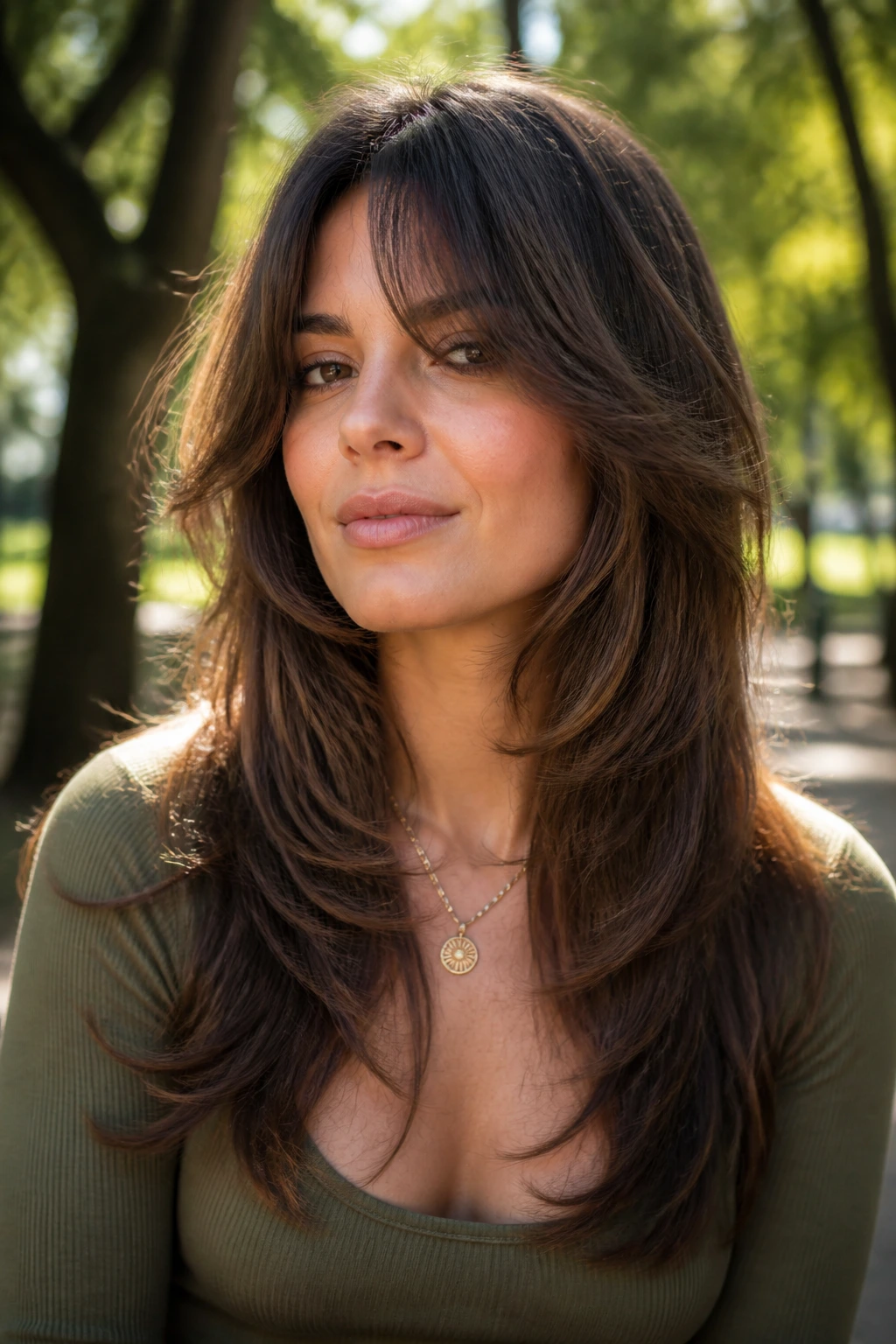 Close-up of real woman with long feathered revival shag in outdoor light