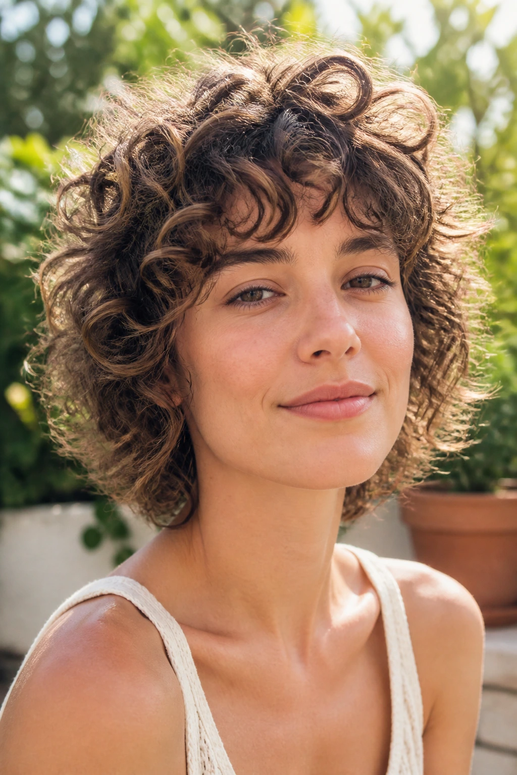 Close-up of a real person with feathered ringlet shag in soft garden light