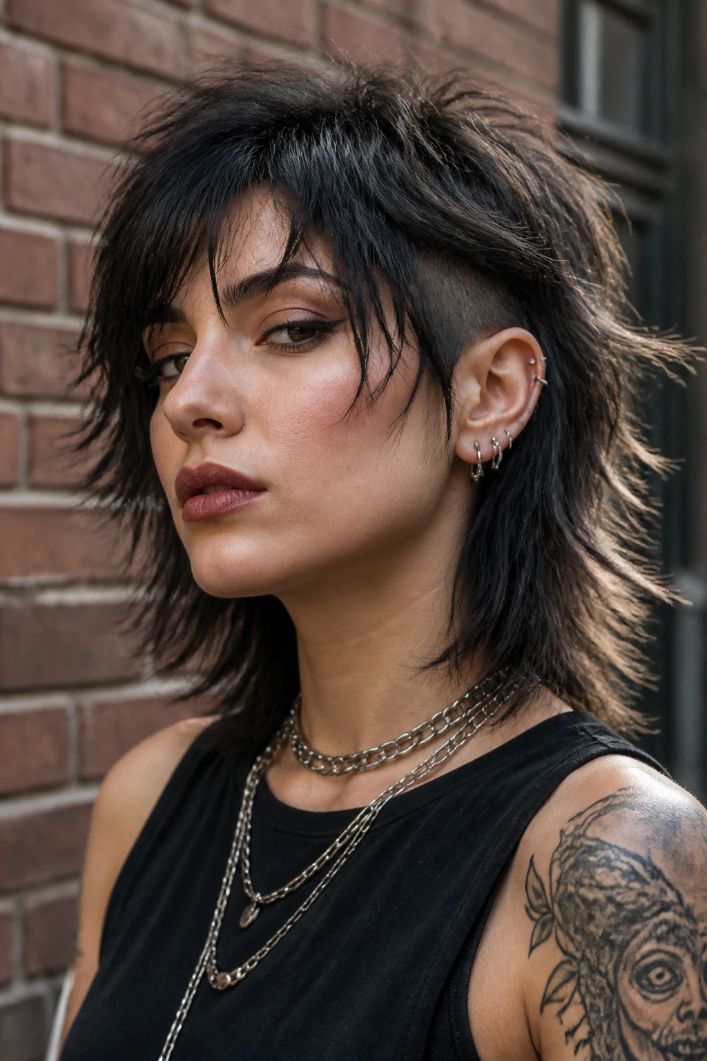 Close-up portrait of a real person with feathered riot cut, shoulder-length layers and undercut