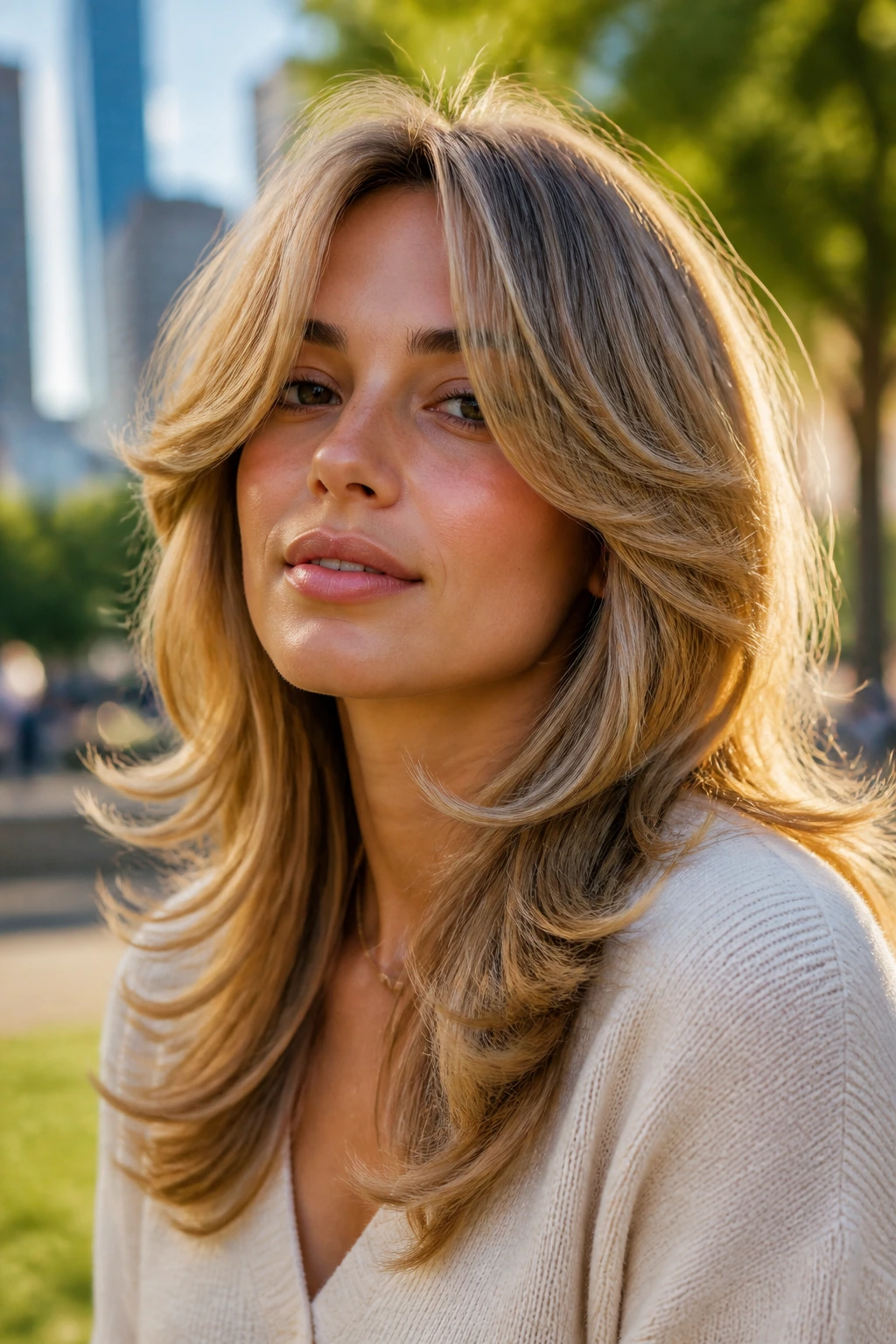Close-up portrait of a woman with a feathered 70s flip and curtain bangs outdoors