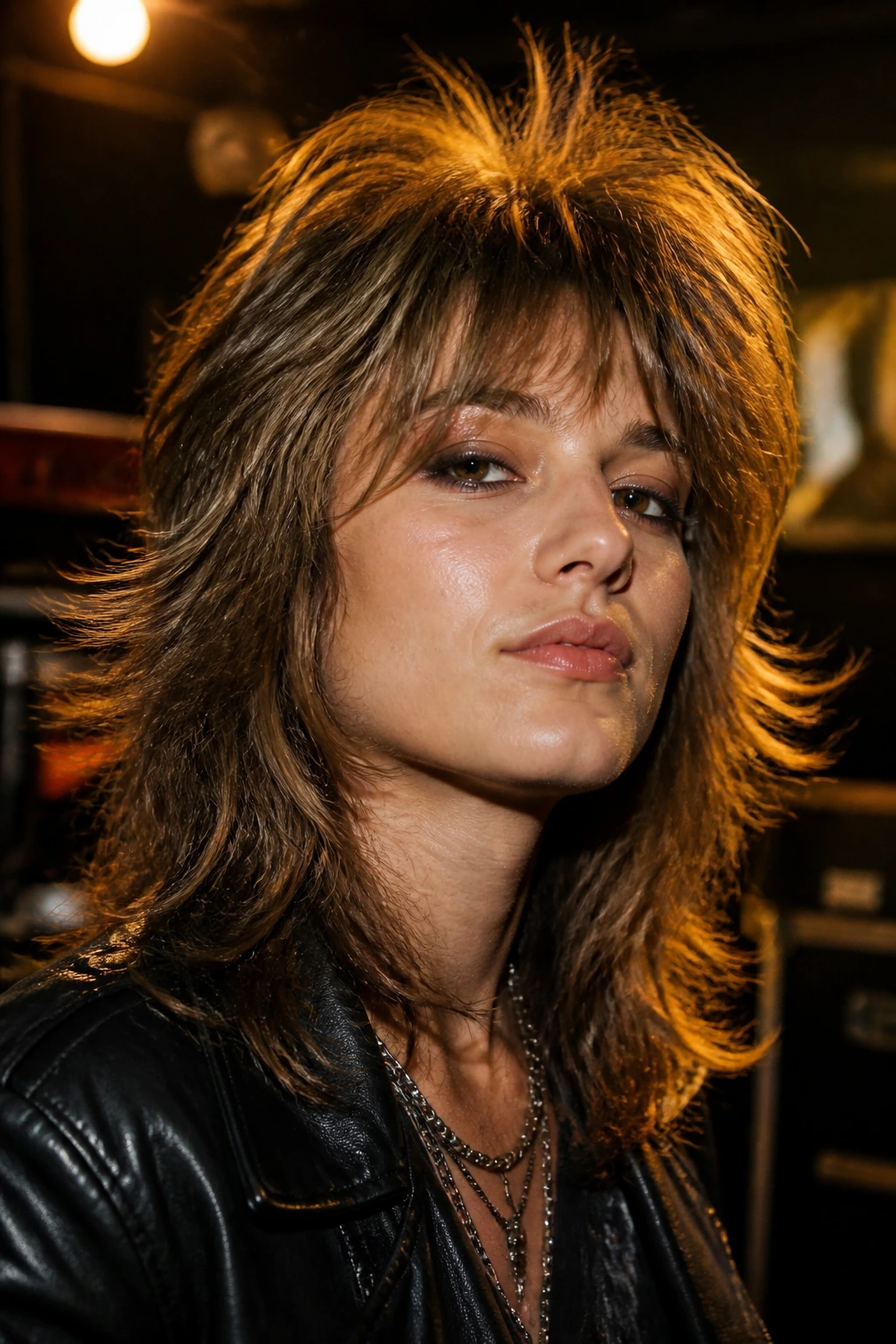 Close-up of a real person with feathered seventies rocker shag