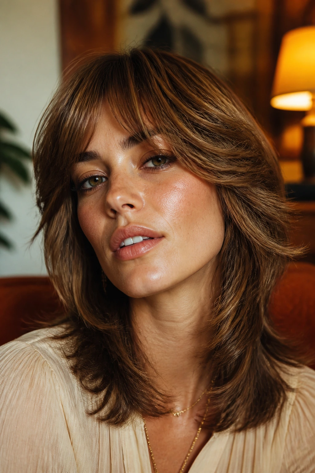 Close-up of a real person with feathered 70s shag showing lifted face-framing layers