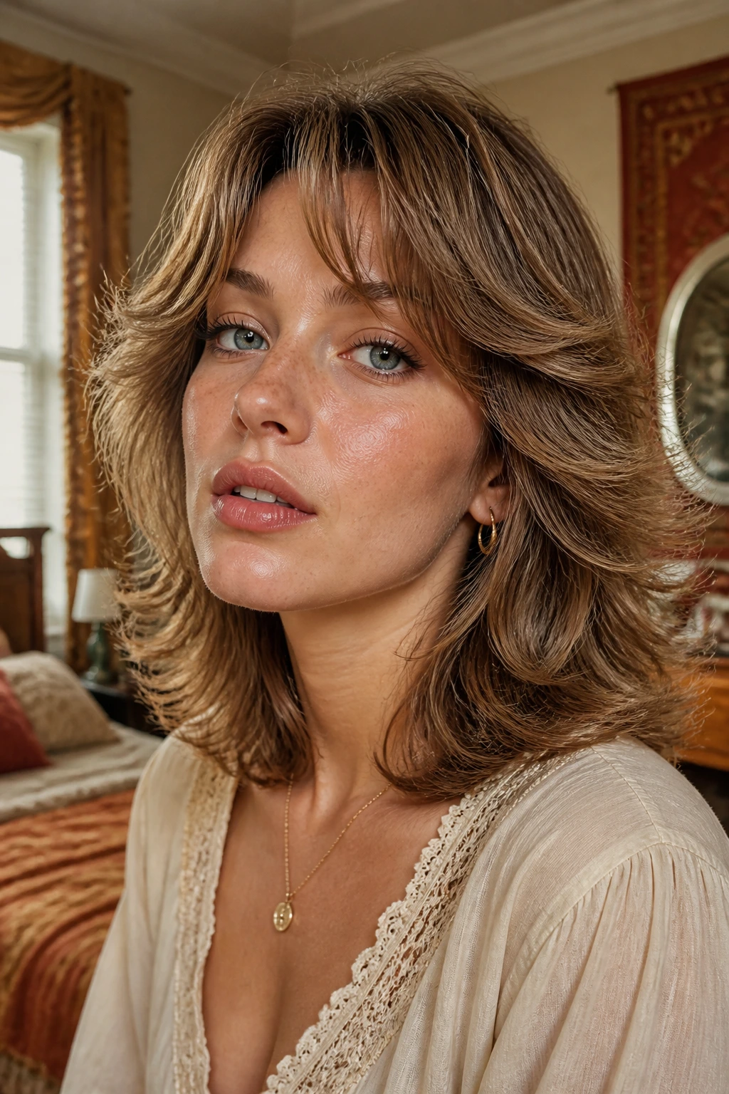 Close-up portrait of a real woman with feathered 1970s shag and face-framing layers.