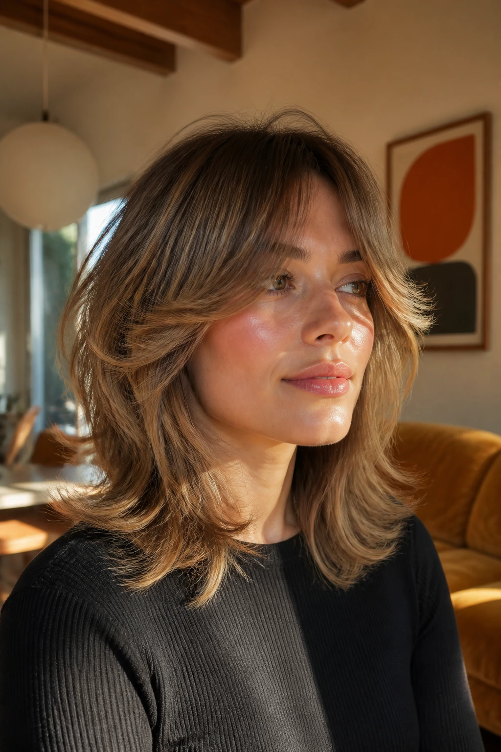 Close-up portrait of a real woman with feathered shag and 70s bend hairstyle